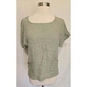 Francesca Bettini Size Small Pullover Short Sleeve Boxy Top 100% Linen Green